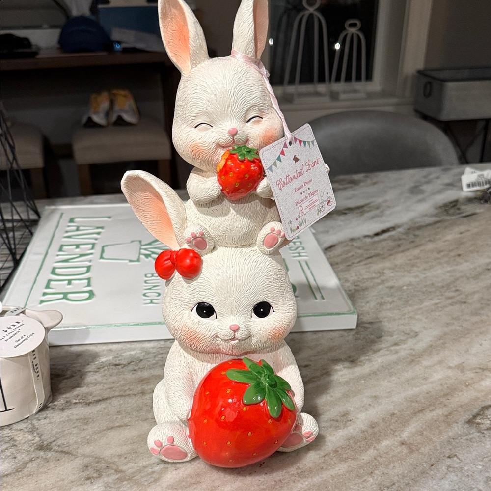 Stacked Bunny Figurine Holding Strawberries - White with Red Accents